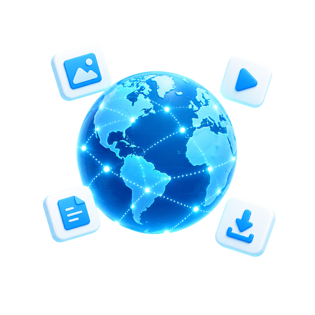 Globe connecting media, video, documents and downloads